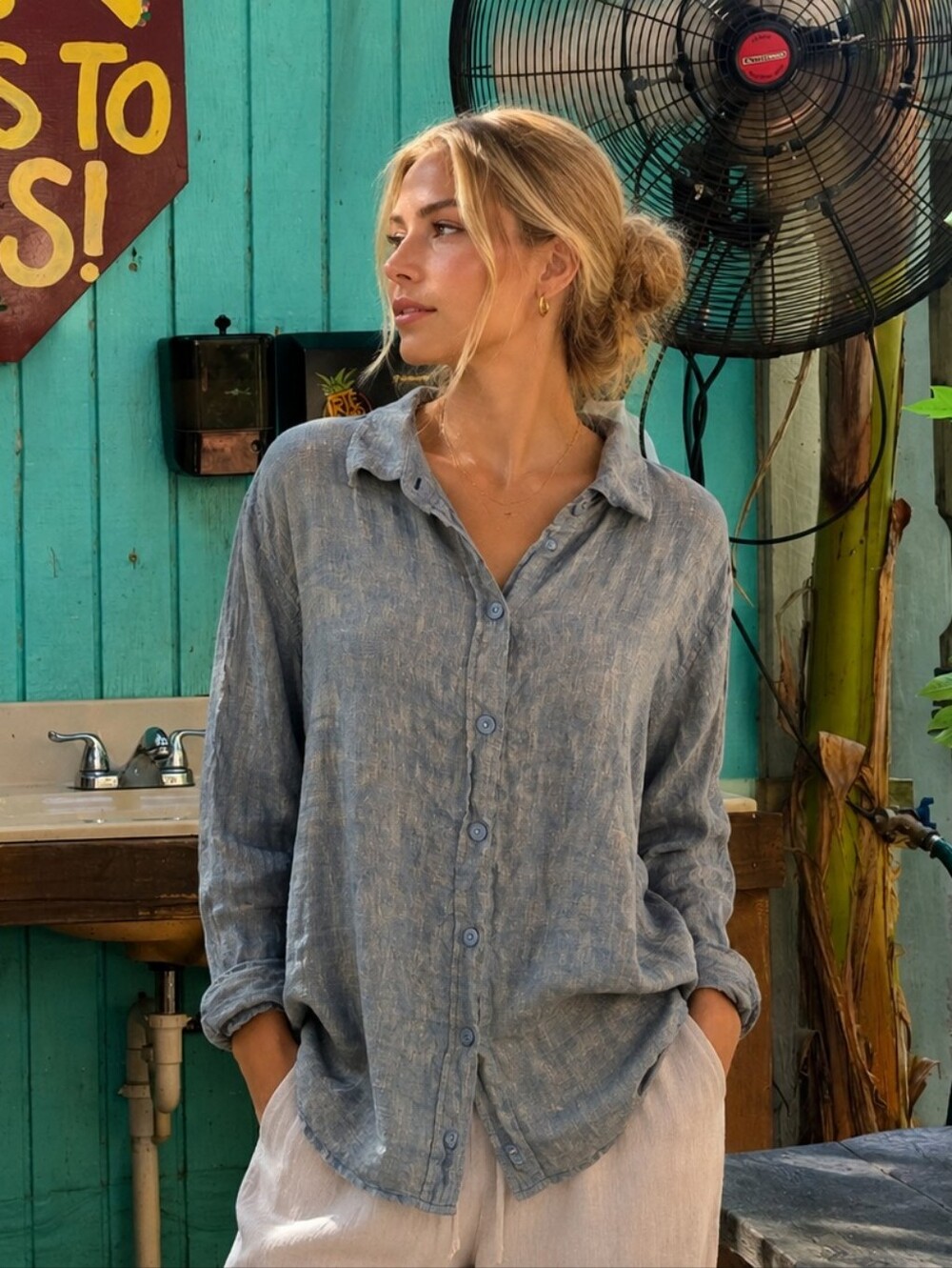 Coldwater Creek Heathered Blue Button Down 100% Linen Shirt Size 2X